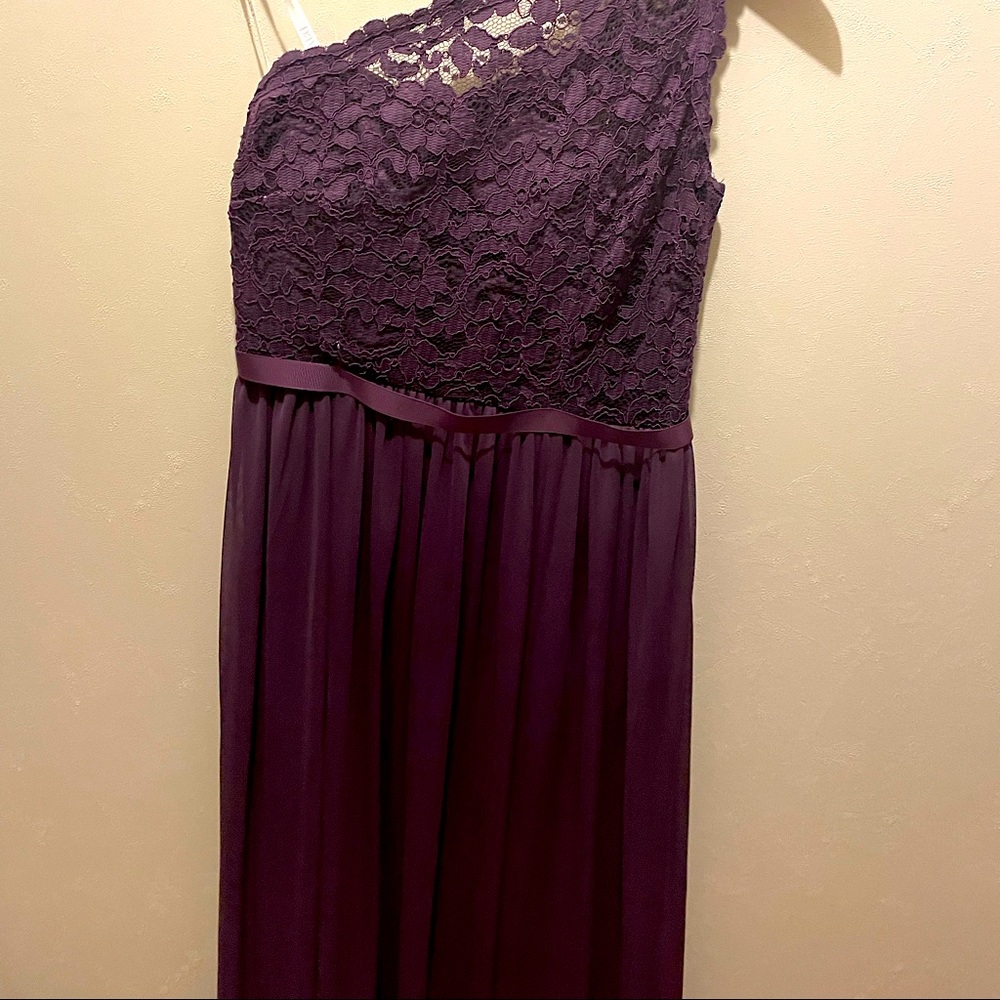 Long one shoulder lace dress, Plum size 4, David’s bridal.